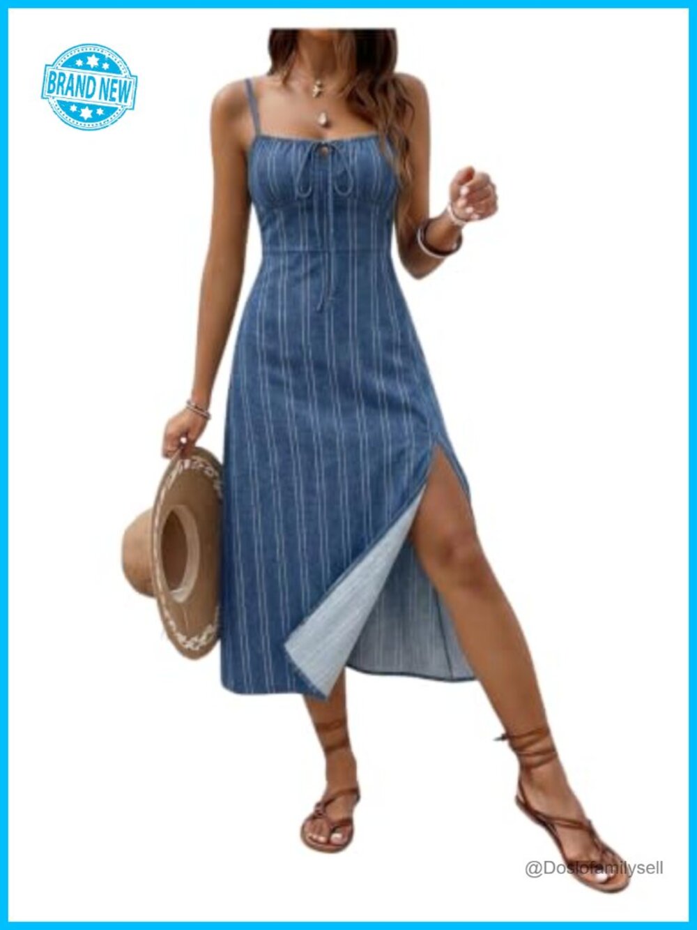 Striped Tie Front Split Thigh Square Neck Cami Midi Dress Sleeveless Summer